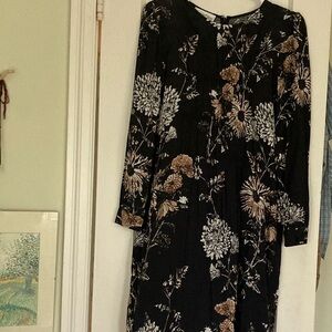 Oslo designer black floral print dress. Rayon/viscose blend. S.